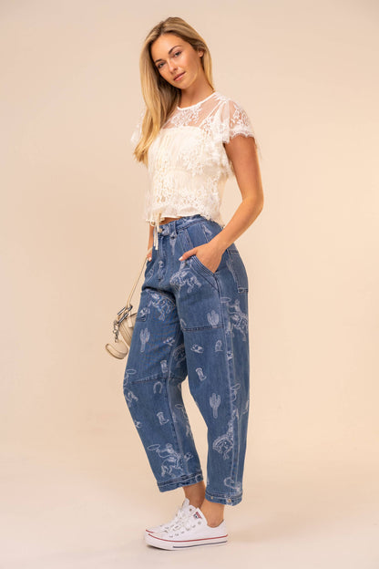 91785P Western Print Barrel Leg Denim Jean: MEDIUM WASH / S-M-L (2-2-2)
