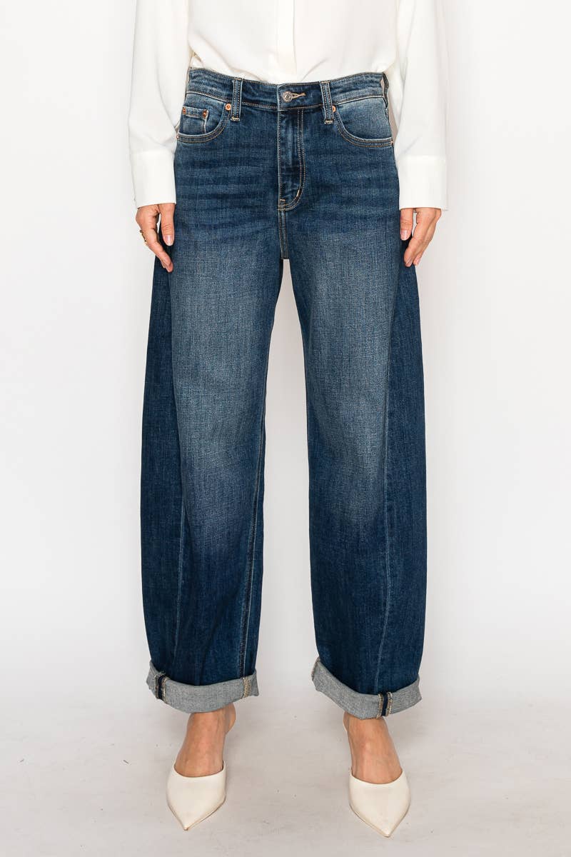 HIGH RISE RELAXED TAPERED DARK WASH BARREL JEANS: 9 (28)