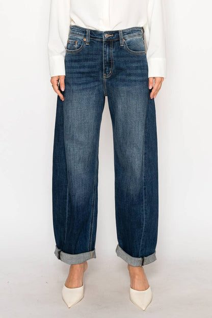 HIGH RISE RELAXED TAPERED DARK WASH BARREL JEANS: 9 (28)