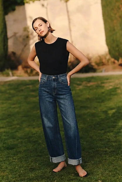 HIGH RISE RELAXED TAPERED DARK WASH BARREL JEANS: 5 (26)