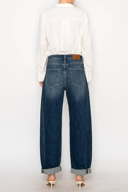 HIGH RISE RELAXED TAPERED DARK WASH BARREL JEANS: 9 (28)