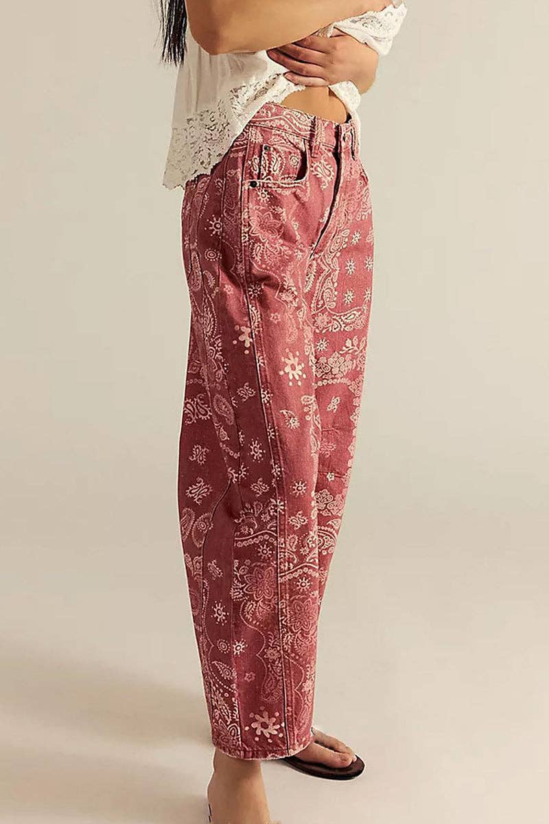 Paisley Pattern Straight Pants: RED / L