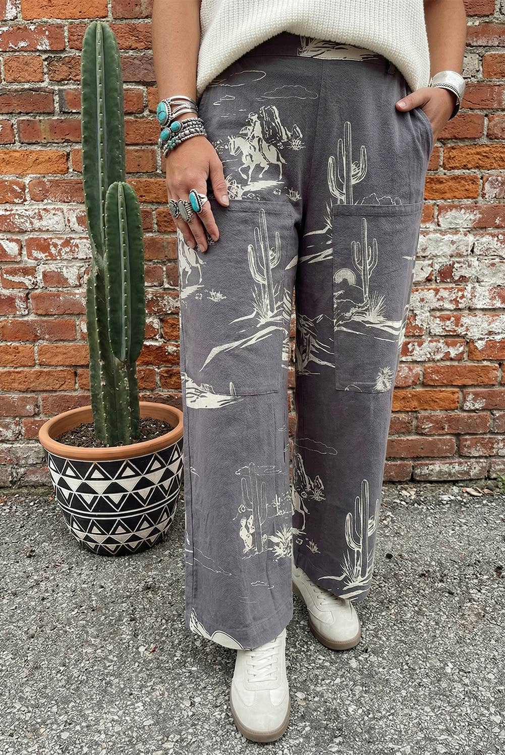 Summer Western Wild West Riding Vintage Printed Shift Jeans: Gray / 6