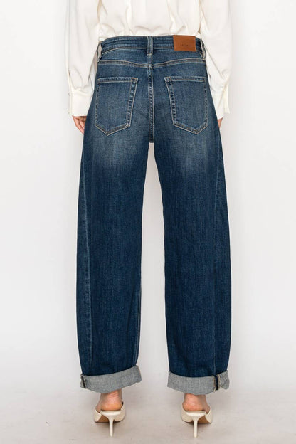 HIGH RISE RELAXED TAPERED DARK WASH BARREL JEANS: 9 (28)