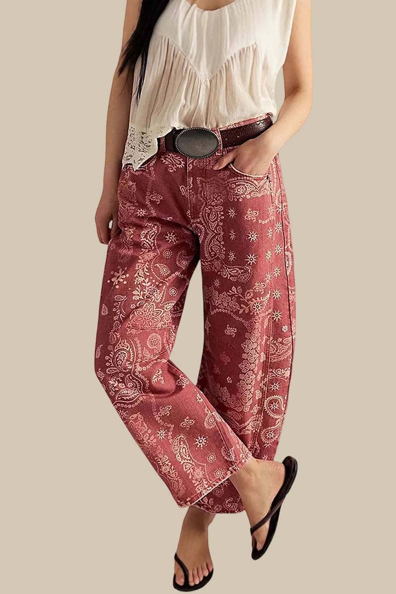 Paisley Pattern Straight Pants: RED / L