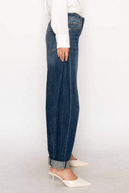 HIGH RISE RELAXED TAPERED DARK WASH BARREL JEANS: 9 (28)