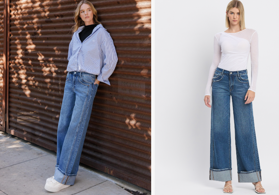 High Rise Cuffed Panel Baggy Wide Jeans VERVET JEANS