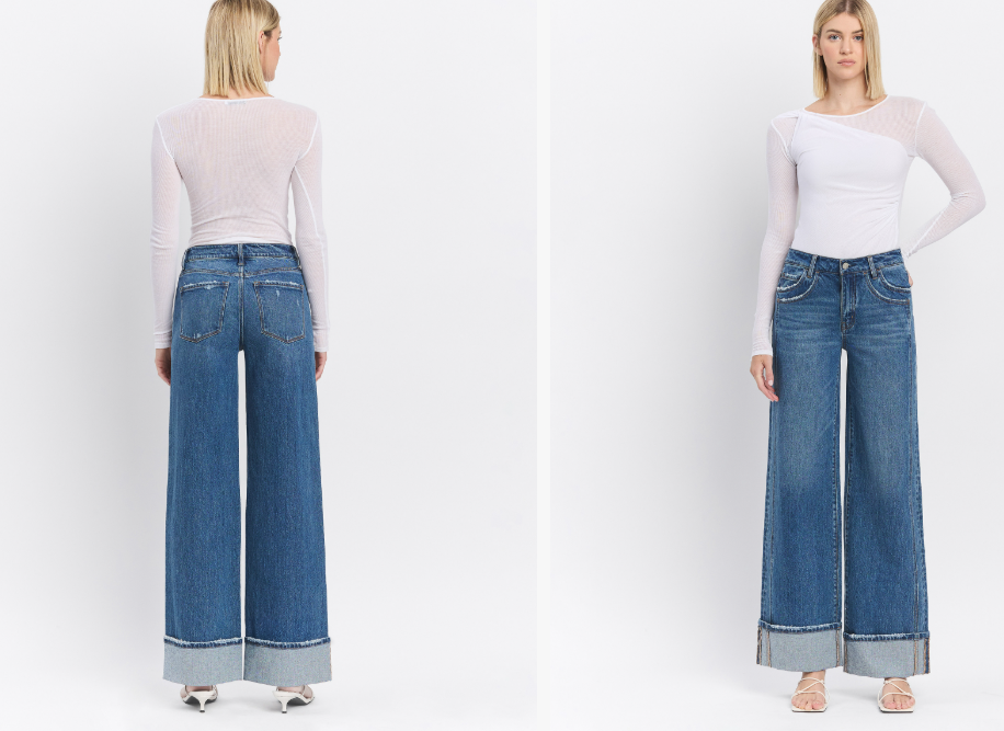 High Rise Cuffed Panel Baggy Wide Jeans VERVET JEANS