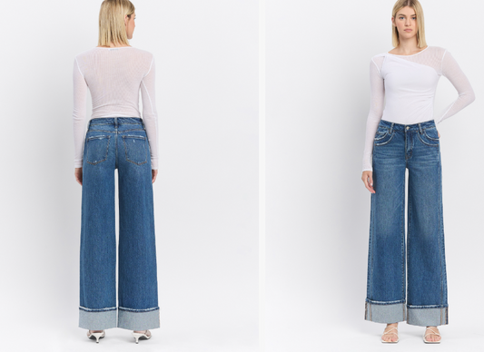 High Rise Cuffed Panel Baggy Wide Jeans VERVET JEANS