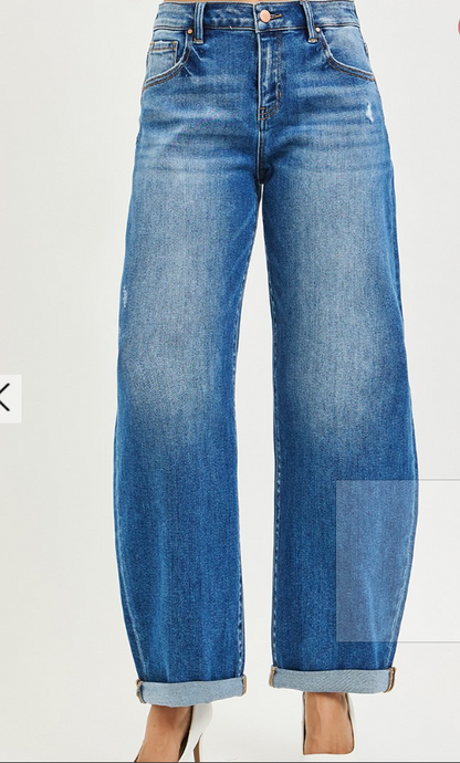 MID RISE CROP BARREL DOUBLE ROLL UP JEANS --RISEN JEANS