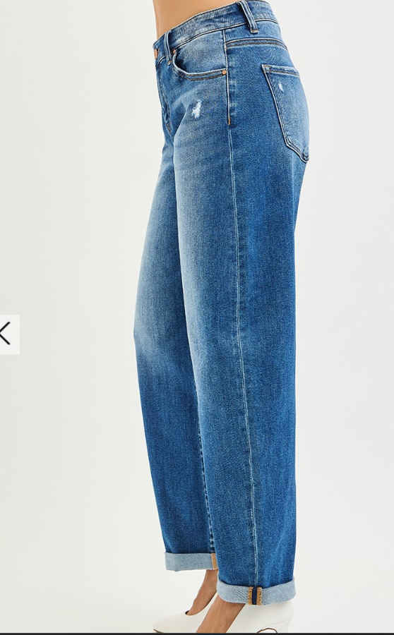 MID RISE CROP BARREL DOUBLE ROLL UP JEANS --RISEN JEANS