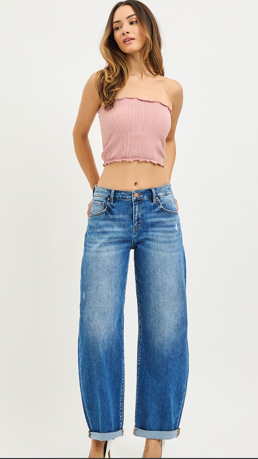 MID RISE CROP BARREL DOUBLE ROLL UP JEANS --RISEN JEANS