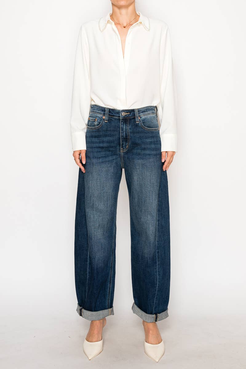 HIGH RISE RELAXED TAPERED DARK WASH BARREL JEANS: 9 (28)