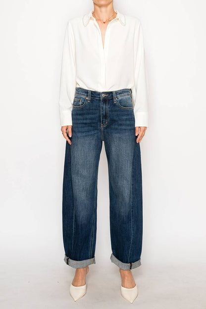 HIGH RISE RELAXED TAPERED DARK WASH BARREL JEANS: 11 (29)